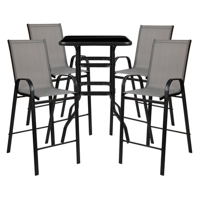 Brazos Outdoor Dining Set - 4-Person Bistro Set - Outdoor Glass Bar Table with All-Weather Patio Stools