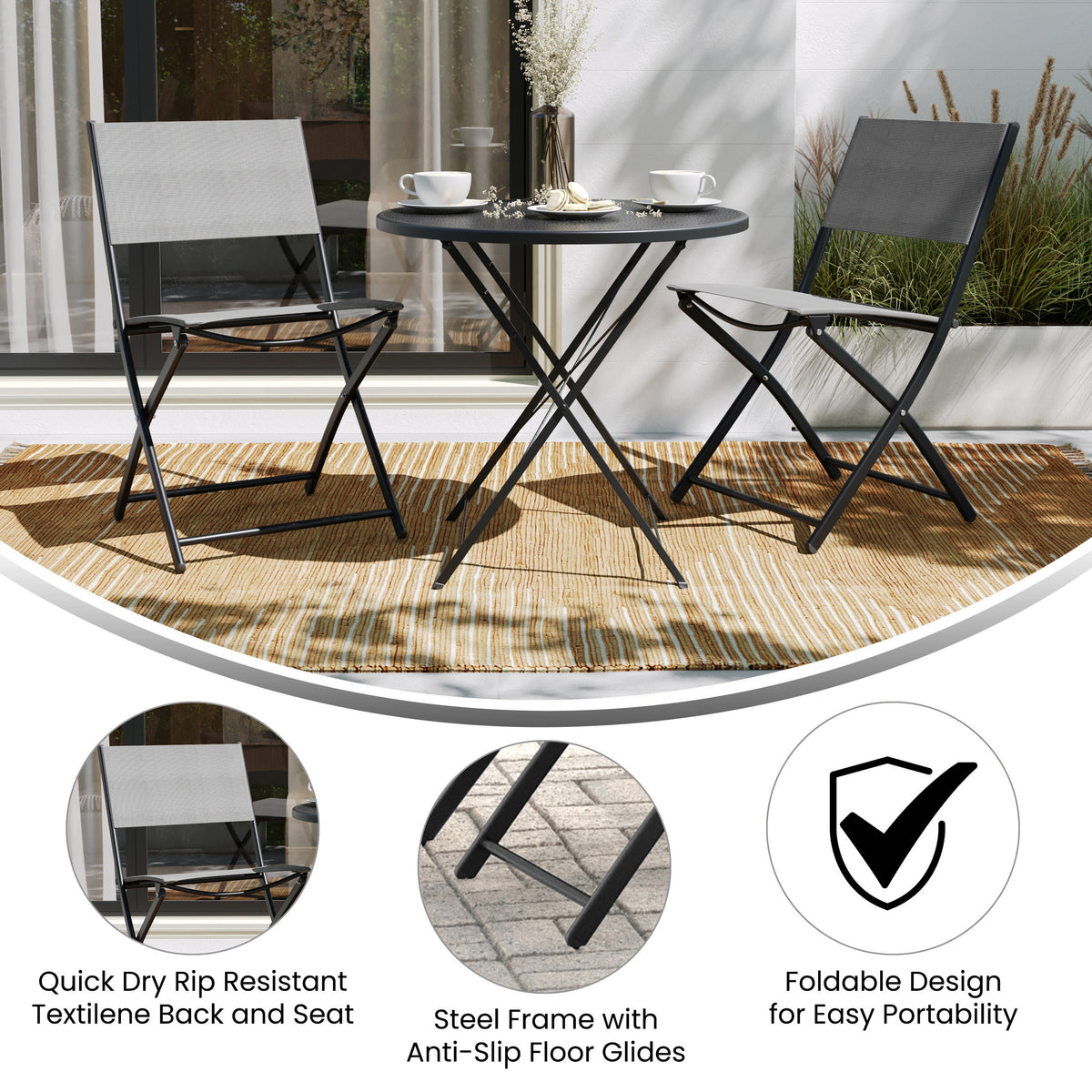 Gray |#| 2 Pack Commercial Outdoor Flex Comfort Folding Chair with Metal Frame in Gray