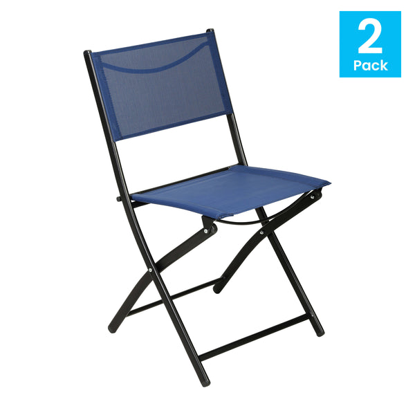 Navy |#| 2 Pack Commercial Outdoor Flex Comfort Folding Chair with Metal Frame in Navy