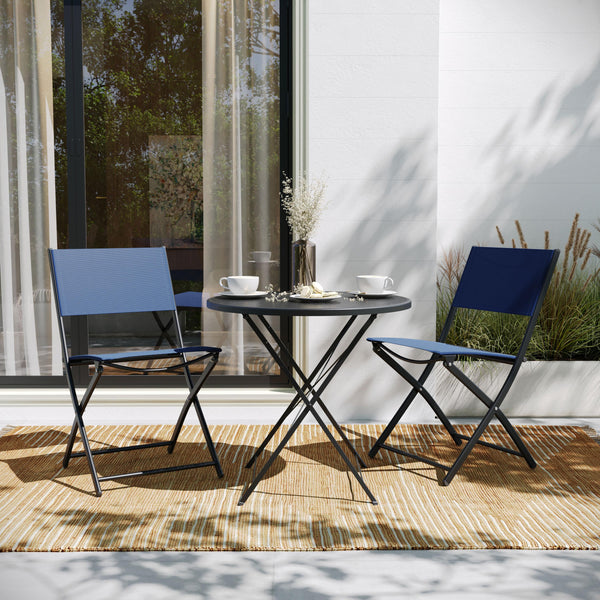 Navy |#| 2 Pack Commercial Outdoor Flex Comfort Folding Chair with Metal Frame in Navy