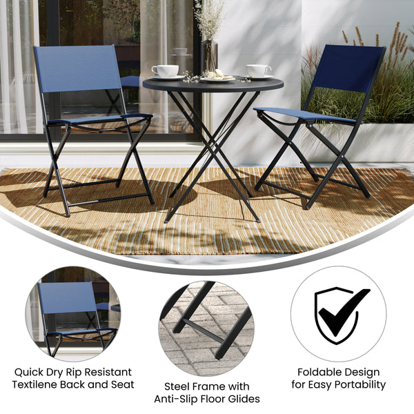 Navy |#| 2 Pack Commercial Outdoor Flex Comfort Folding Chair with Metal Frame in Navy