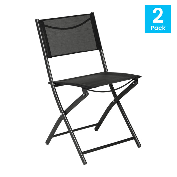Black |#| 2 Pack Commercial Outdoor Flex Comfort Folding Chair with Metal Frame in Black