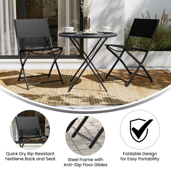 Black |#| 2 Pack Commercial Outdoor Flex Comfort Folding Chair with Metal Frame in Black