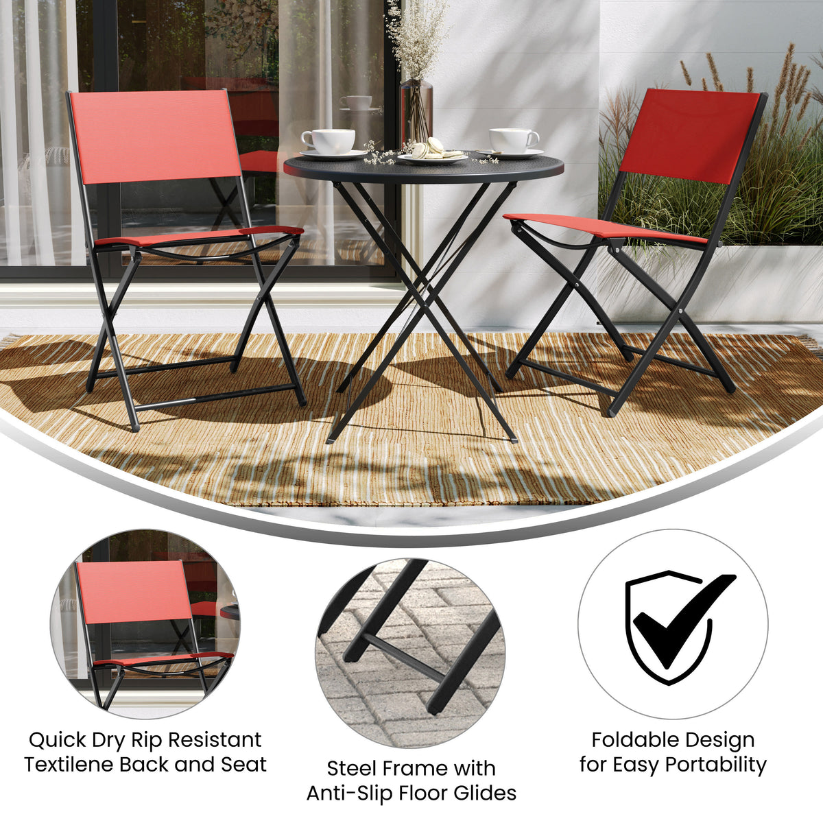 Red |#| 2 Pack Commercial Outdoor Flex Comfort Folding Chair with Metal Frame in Red