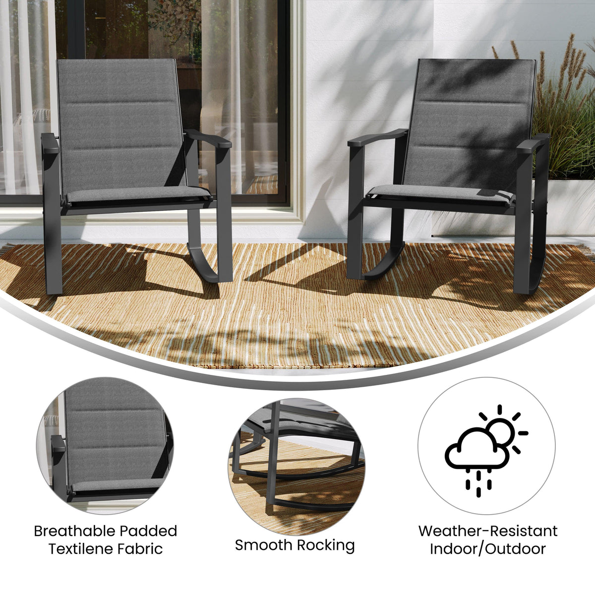 Black |#| Set of 2 All Weather Flex Comfort Rocking Chairs with Metal Frames-Black/Black