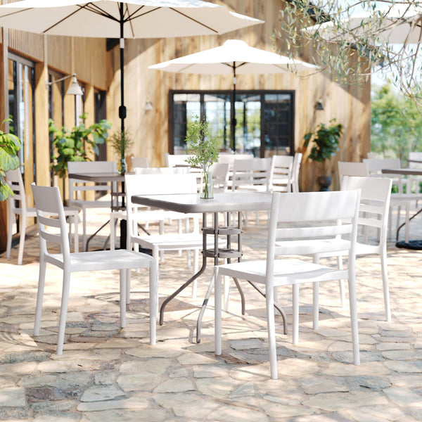 White |#| Commercial All-Weather White Resin Patio Stack Chair with Slatted Backrest