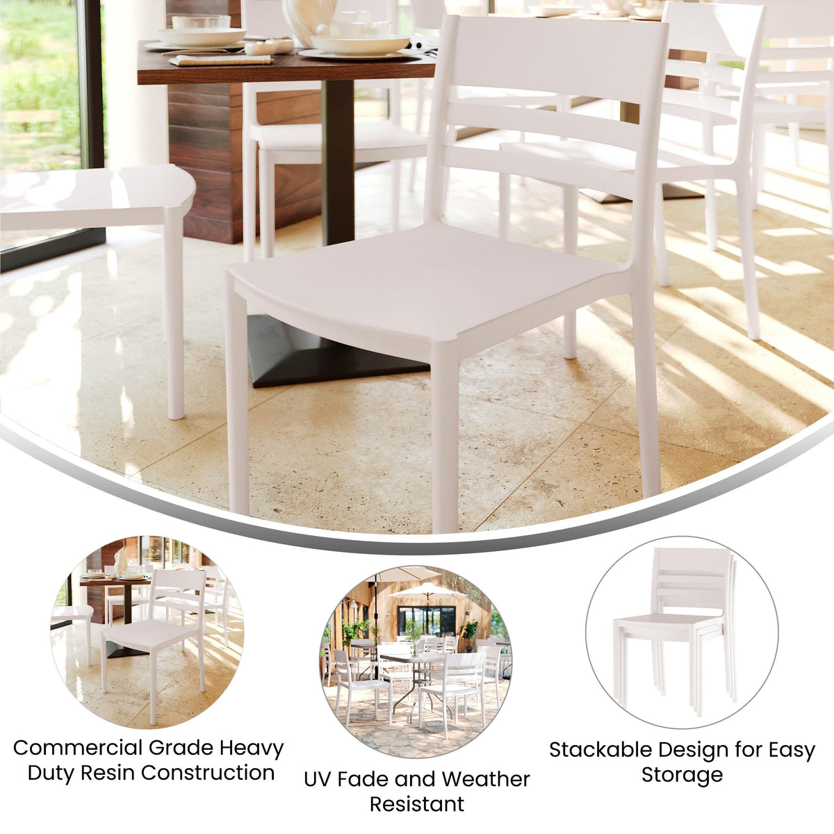 White |#| Commercial All-Weather White Resin Patio Stack Chair with Slatted Backrest