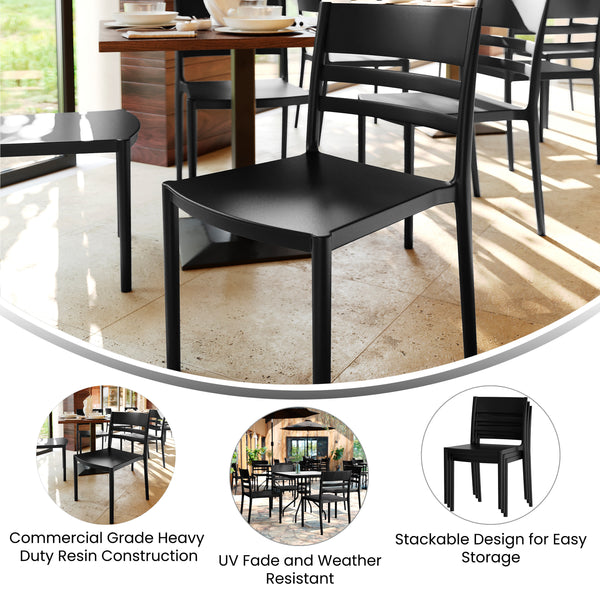 Black |#| Commercial All-Weather Resin Patio Stack Chair with Slatted Backrest
