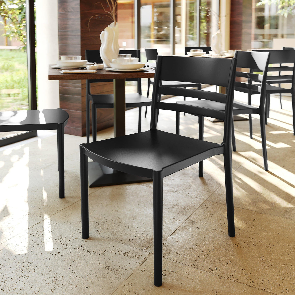 Black |#| Commercial All-Weather Resin Patio Stack Chair with Slatted Backrest