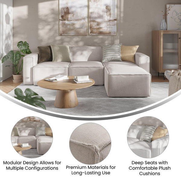 Cream |#| Contemporary 4 Piece Modular Sectional Sofa with Ottoman in Cream Fabric