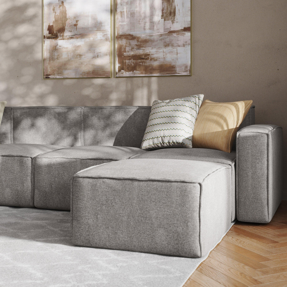 Gray |#| Contemporary 6 Piece Modular Sectional Sofa with 2 Ottomans in Gray Fabric
