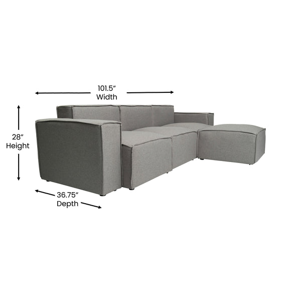Gray |#| Contemporary 4 Piece Modular Sectional Sofa with Ottoman in Gray Fabric