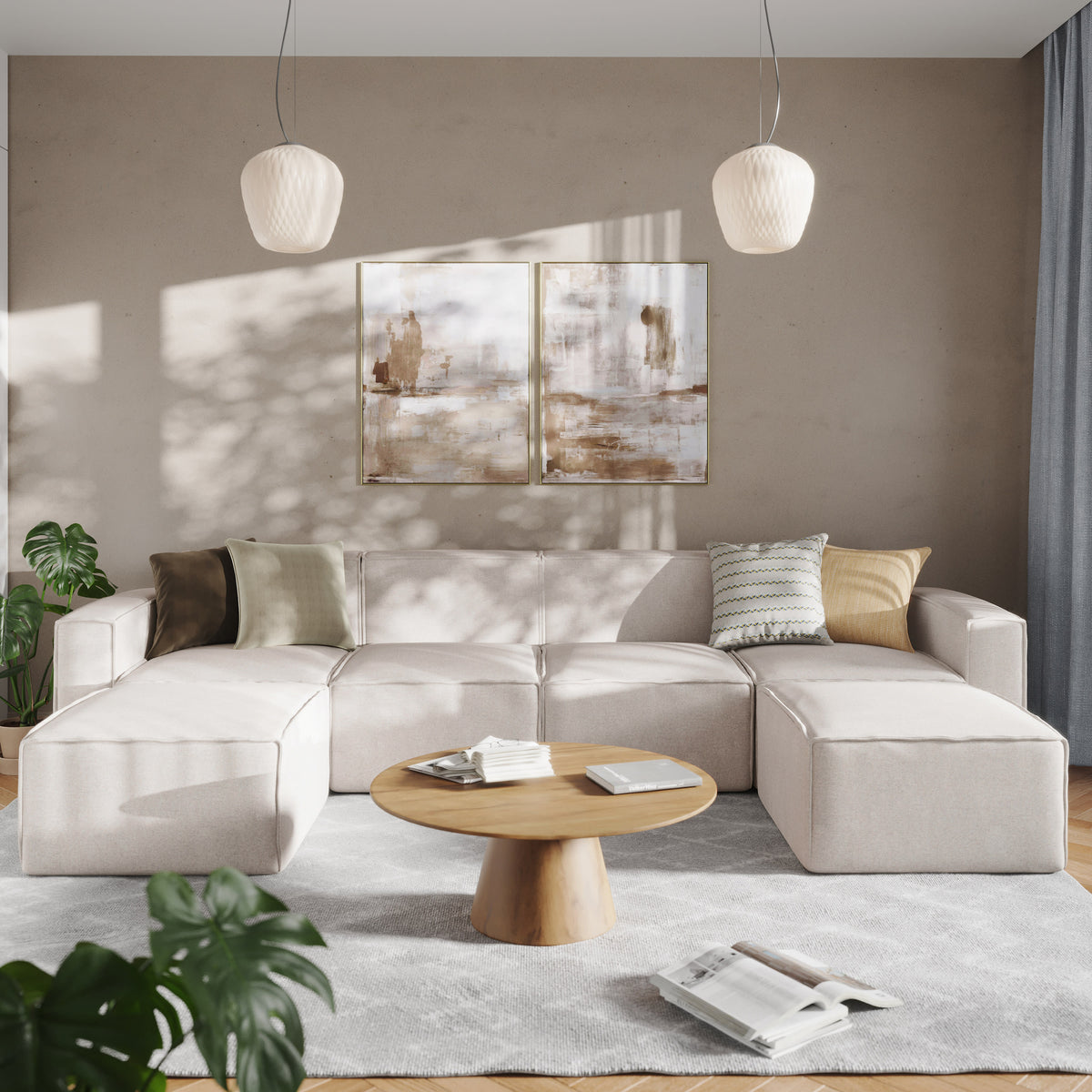Cream |#| Contemporary 6 Piece Modular Sectional Sofa with 2 Ottomans in Cream Fabric