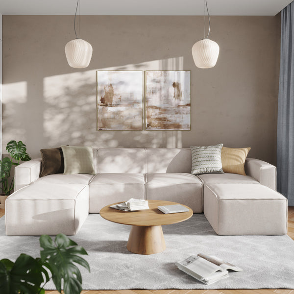 Cream |#| Contemporary 6 Piece Modular Sectional Sofa with 2 Ottomans in Cream Fabric