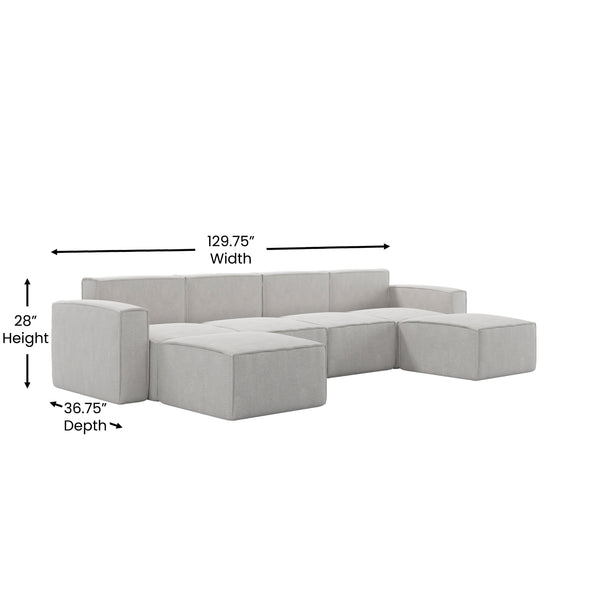 Cream |#| Contemporary 6 Piece Modular Sectional Sofa with 2 Ottomans in Cream Fabric