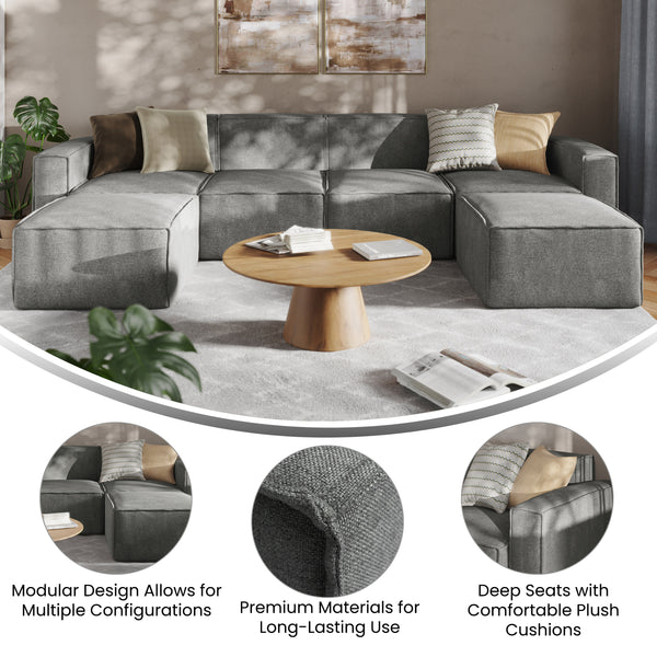 Dark Gray |#| Contemporary 6 Piece Modular Sectional Sofa with 2 Ottomans in Dark Gray Fabric