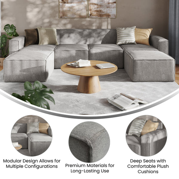 Gray |#| Contemporary 6 Piece Modular Sectional Sofa with 2 Ottomans in Gray Fabric