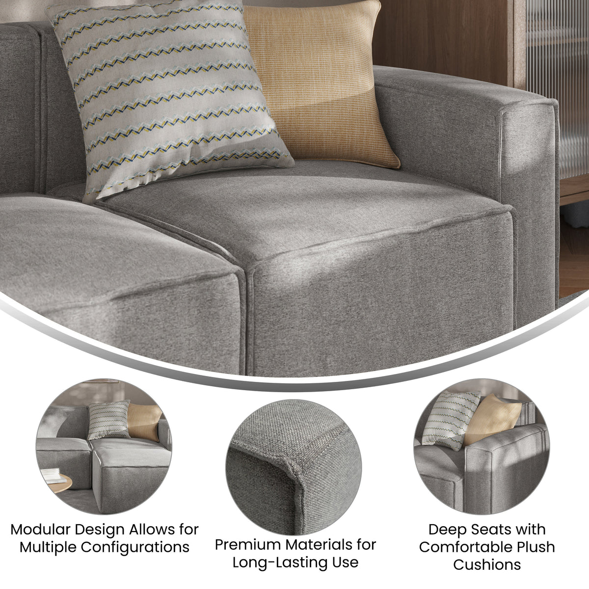 Gray |#| Contemporary Modular Sectional Sofa Right Side Chair with Armrest - Gray Fabric