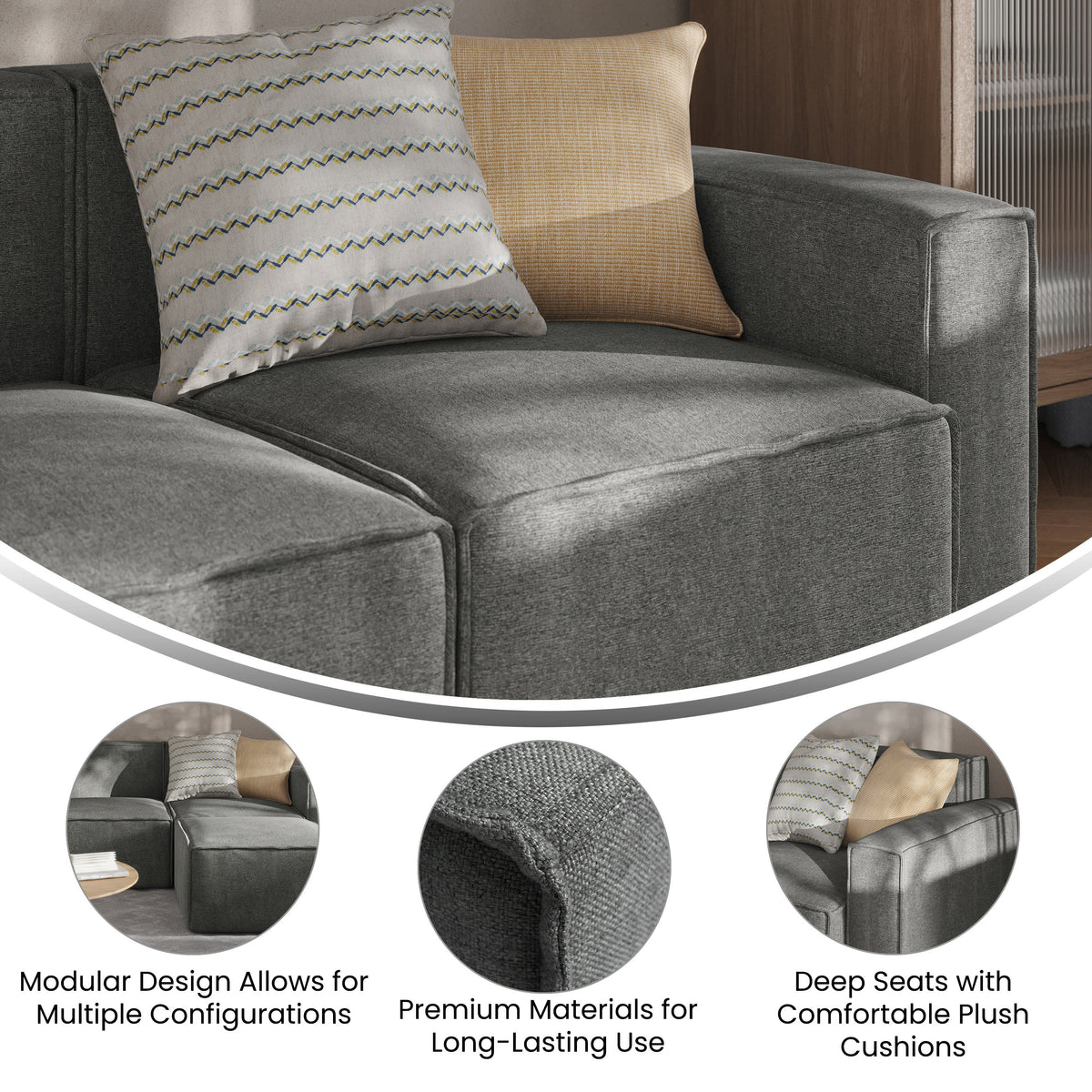 Dark Gray |#| Contemporary Modular Sectional Sofa Right Side Chair with Armrest - DK GY Fabric