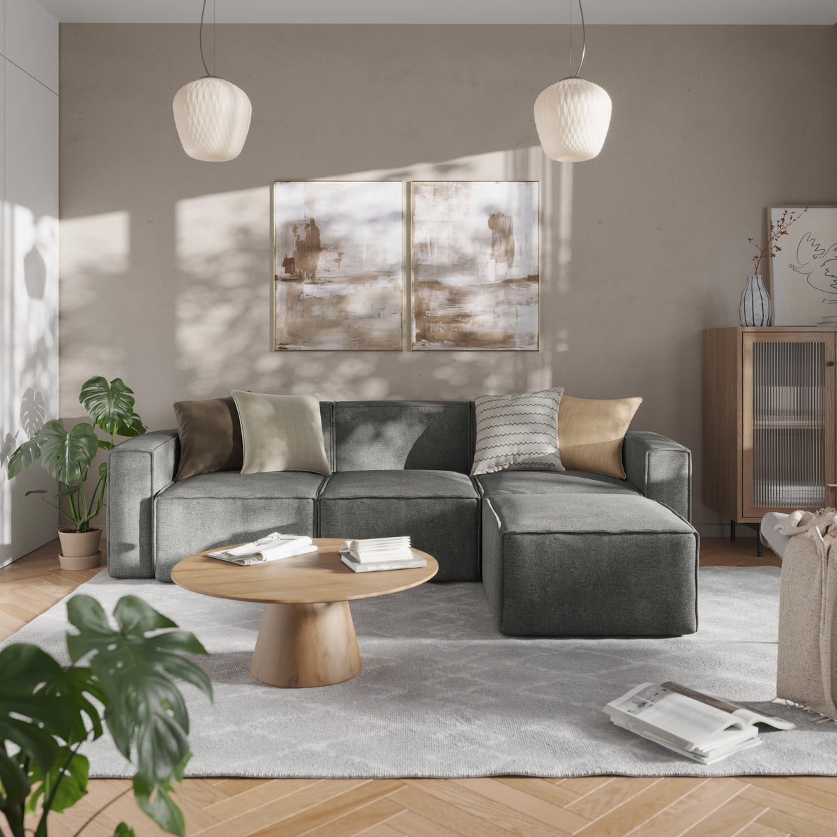 Dark Gray |#| Contemporary Modular Sectional Sofa Right Side Chair with Armrest - DK GY Fabric