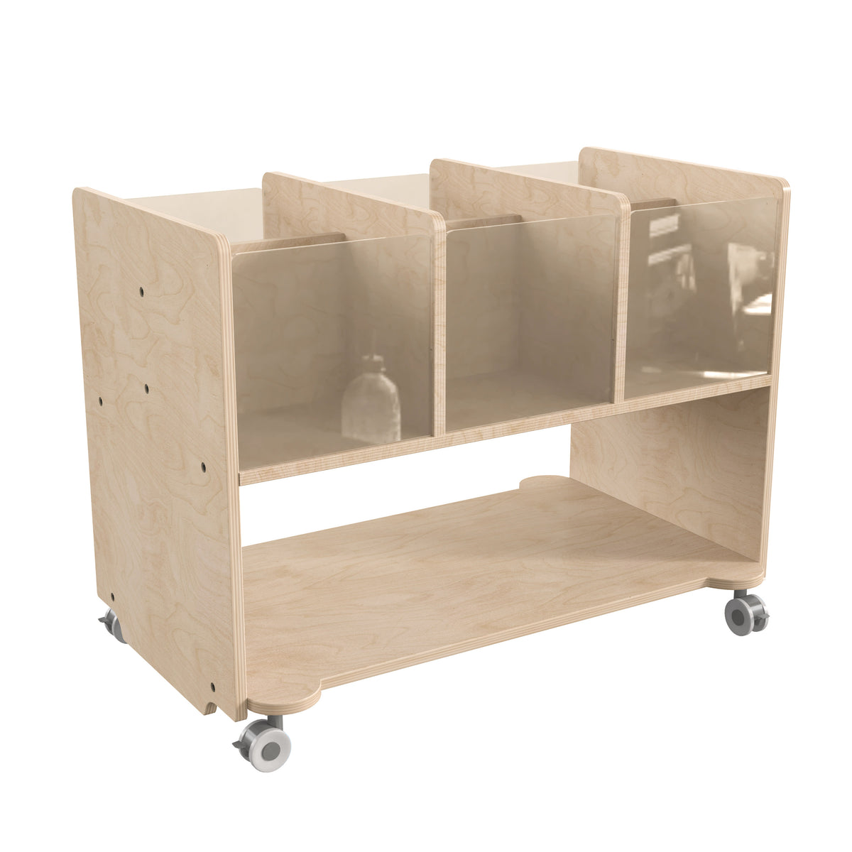Commercial Wooden Mobile Storage Cart with 6 Clear Compartments - Shelf, Natural