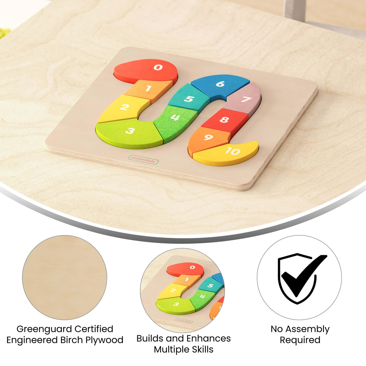 Commercial Grade Number Snake Wooden Puzzle Board - Natural/Multicolor