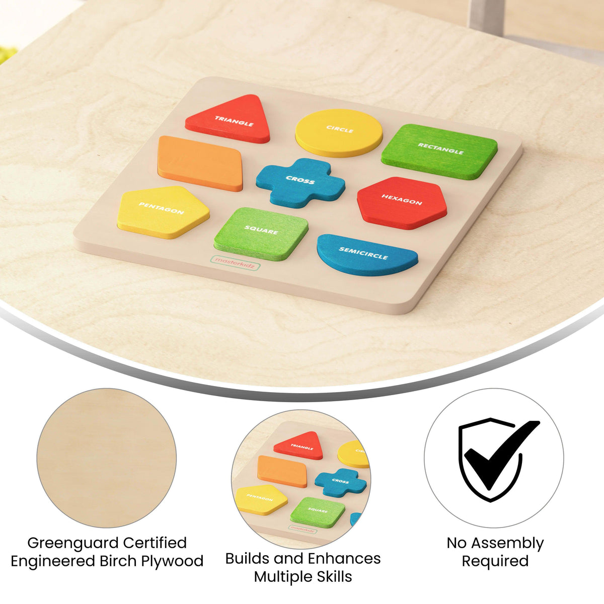 Commercial Grade Wooden Shapes and Colors Sorting Puzzle - Natural/Multicolor