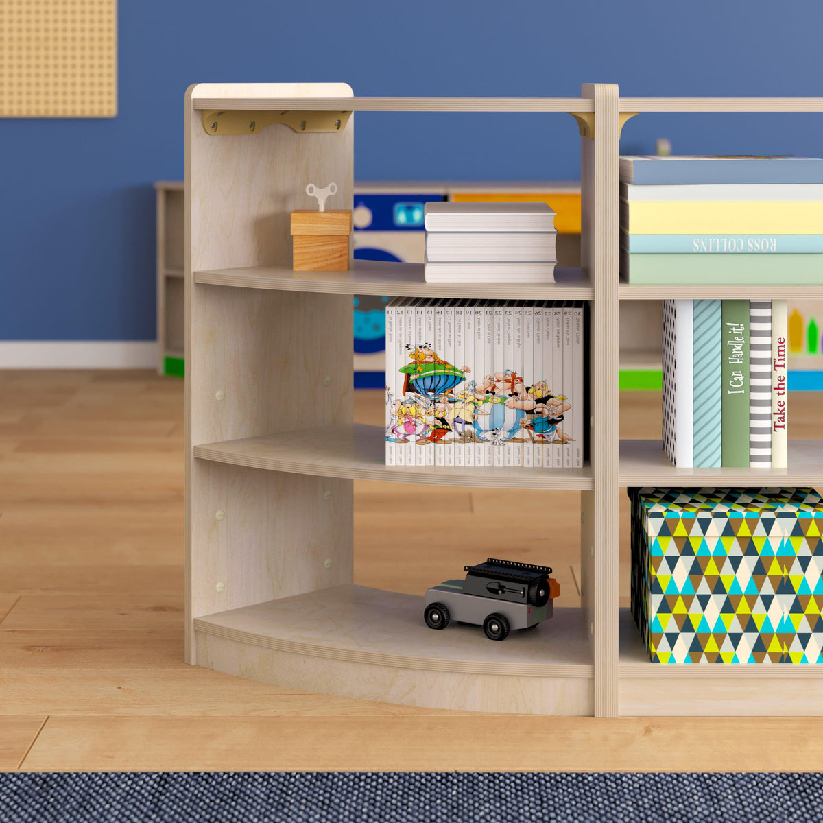 Commercial Natural Finish Bow Front Wooden Classroom 3 Tier Corner Storage Unit