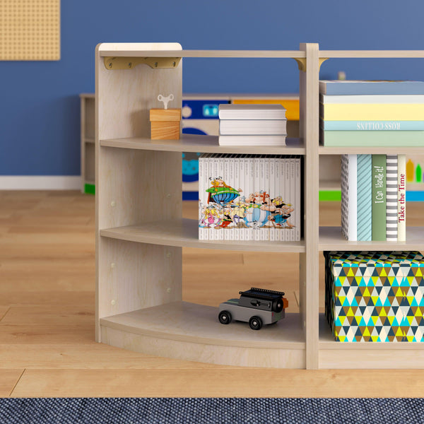Commercial Natural Finish Bow Front Wooden Classroom 3 Tier Corner Storage Unit