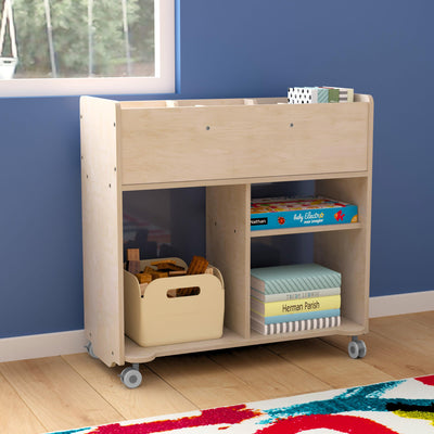Bright Beginnings Commercial Grade Double Sided Space Saving Wooden Mobile Storage Cart with Locking Caster Wheels - View 2
