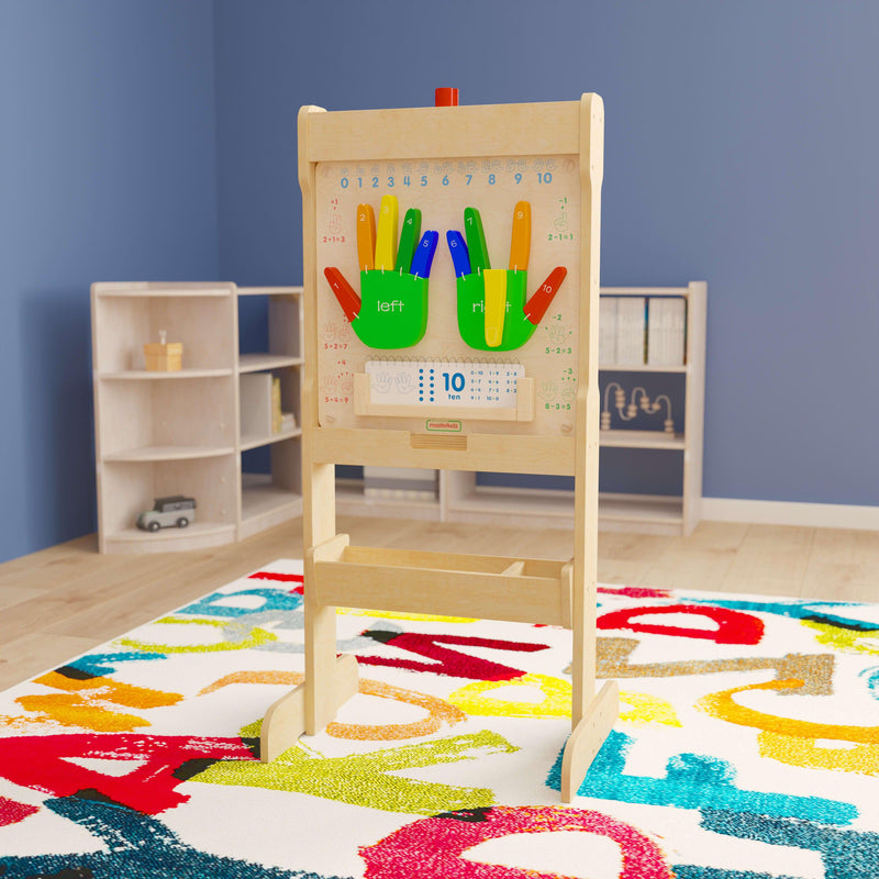 Bright Beginnings Commercial Grade Double Sided Wooden Free-Standing STEAM Easel with Storage Tray, Acrylic Paint Window - Holds Two Accessory Panels