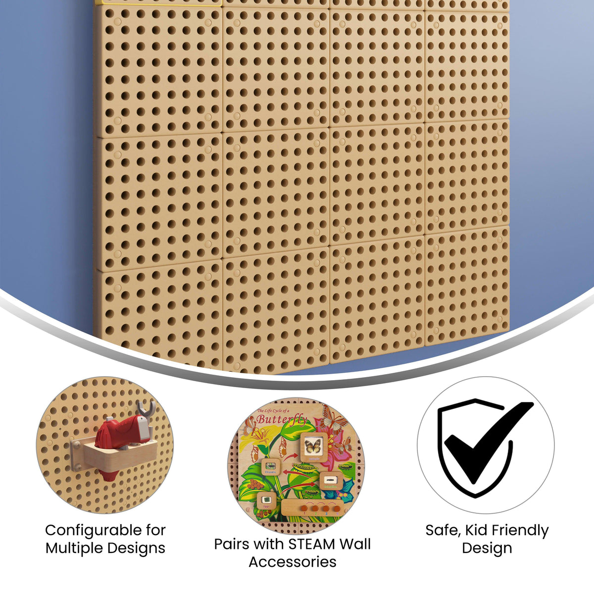 Commercial Grade 31.5inchW x 31.5inchH Peg Panel for Modular STEAM Wall System-Natural