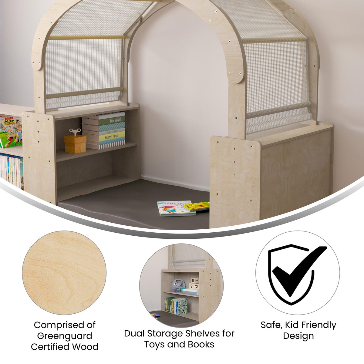 Commercial Grade Wooden Reading Nook with Shelves and Canopy