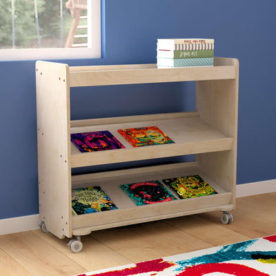 Bright Beginnings Commercial Grade Space Saving Wooden Mobile Classroom Storage Cart, 3 Angled Shelves and Locking Caster Wheels, Kid Friendly Design - View 2