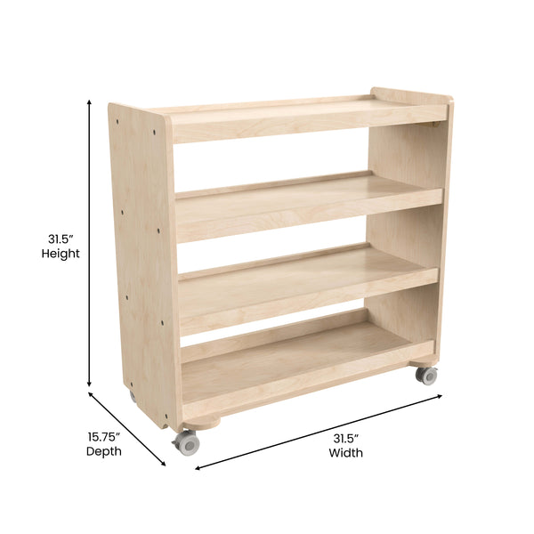 Commercial Grade Natural Finish Wooden Classroom 4 Shelf Mobile Storage Cart