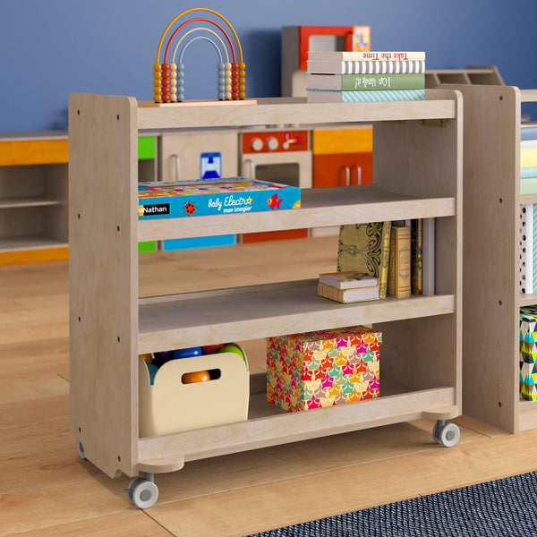 Commercial Grade Natural Finish Wooden Classroom 4 Shelf Mobile Storage Cart