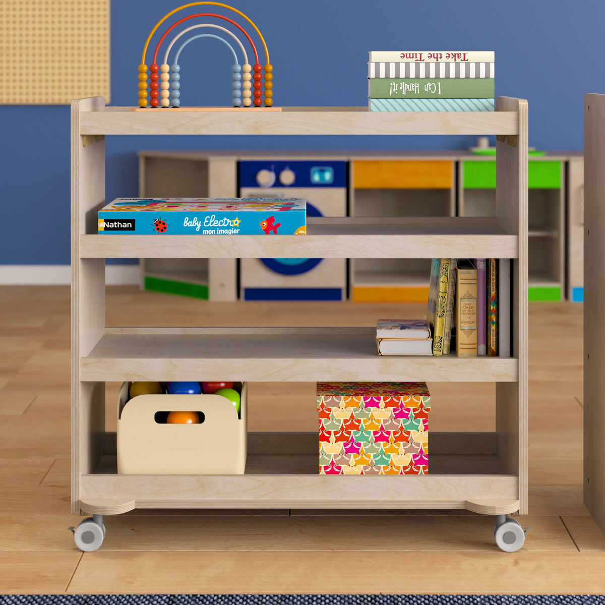 Commercial Grade Natural Finish Wooden Classroom 4 Shelf Mobile Storage Cart