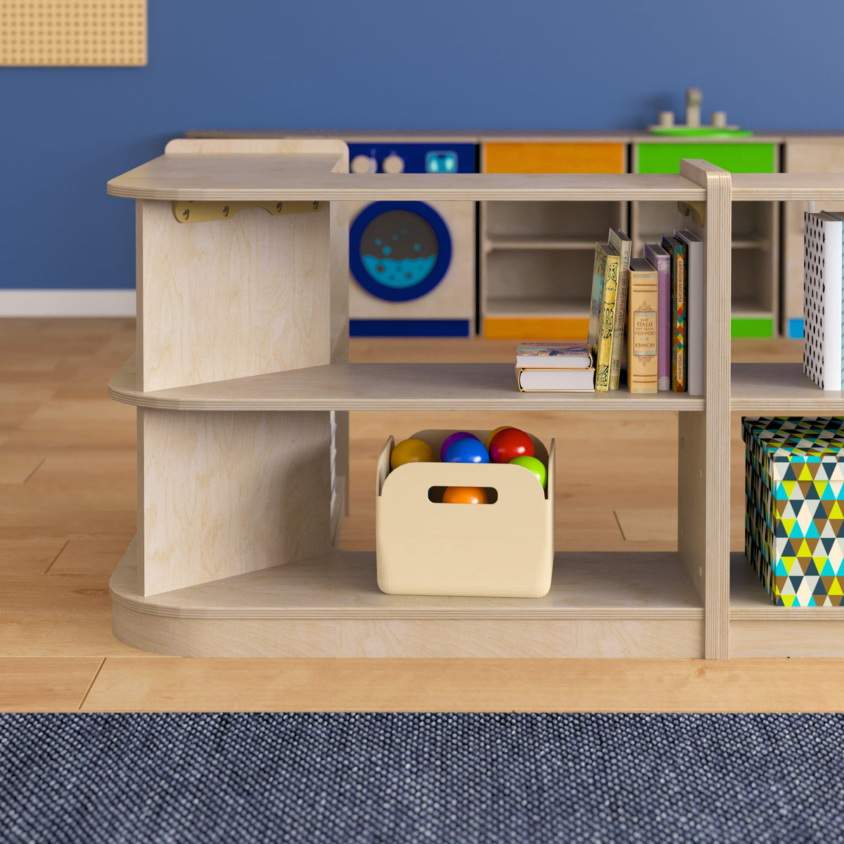 Commercial Grade Natural Finish Wooden Classroom 2 Tier Corner Storage Unit