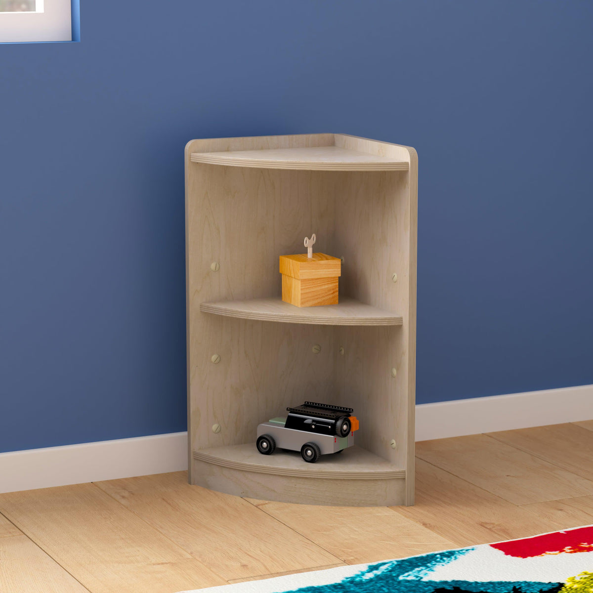 Commercial Grade Natural Finish Wooden Classroom 2 Tier Corner Storage Unit