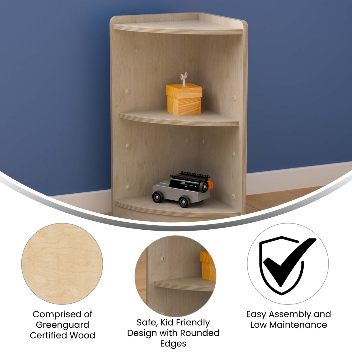 Commercial Grade Natural Finish Wooden Classroom 2 Tier Corner Storage Unit