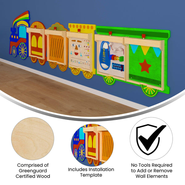 Commercial Grade Wooden Train STEAM Wall System with 5 Accessory Panel Holders