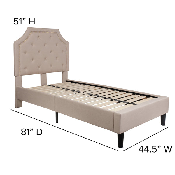 Beige,Twin |#| Twin Size Arched Tufted Upholstered Platform Bed in Beige Fabric