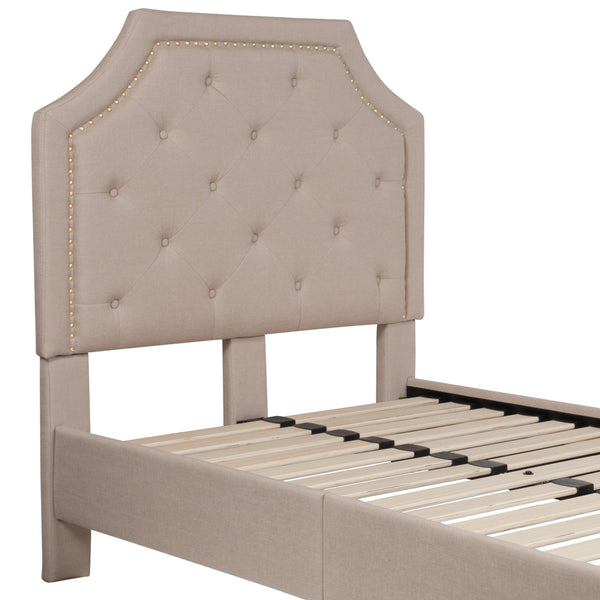 Beige,Twin |#| Twin Size Arched Tufted Upholstered Platform Bed in Beige Fabric