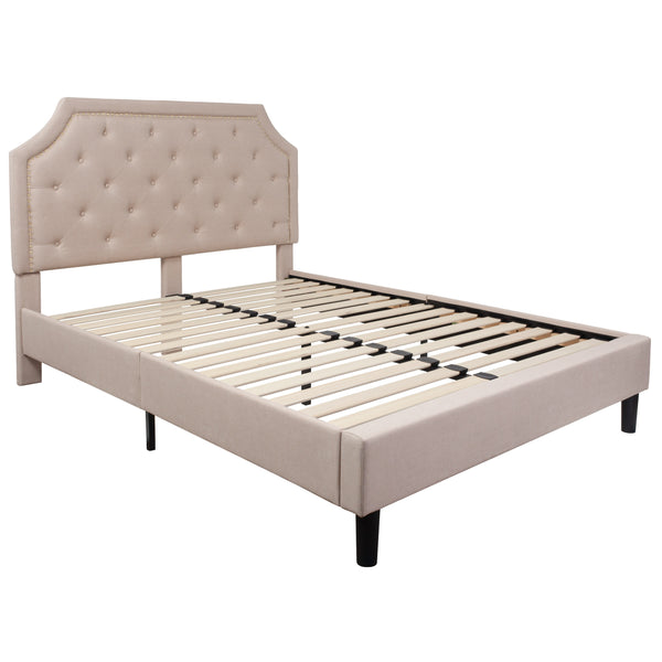 Beige,Queen |#| Queen Size Arched Tufted Upholstered Platform Bed in Beige Fabric