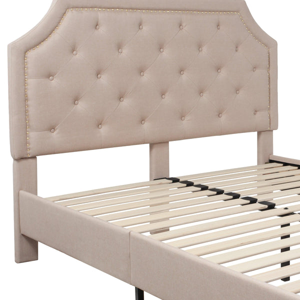 Beige,Queen |#| Queen Size Arched Tufted Upholstered Platform Bed in Beige Fabric