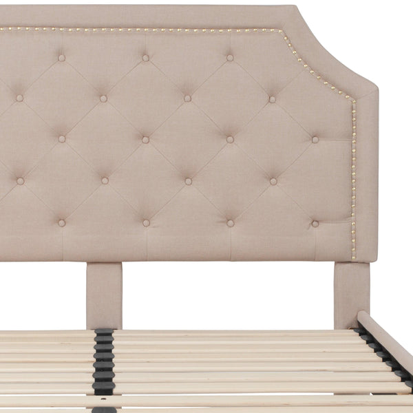 Beige,Queen |#| Queen Size Arched Tufted Upholstered Platform Bed in Beige Fabric