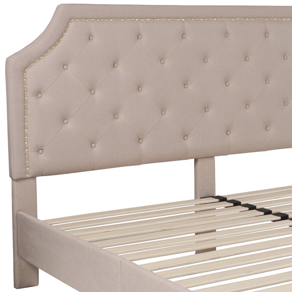 Beige,King |#| King Size Arched Tufted Upholstered Platform Bed in Beige Fabric