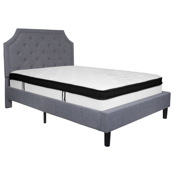 Light Gray,Full |#| Full Size Arched Tufted Lt Gray Fabric Platform Bed with Memory Foam Mattress