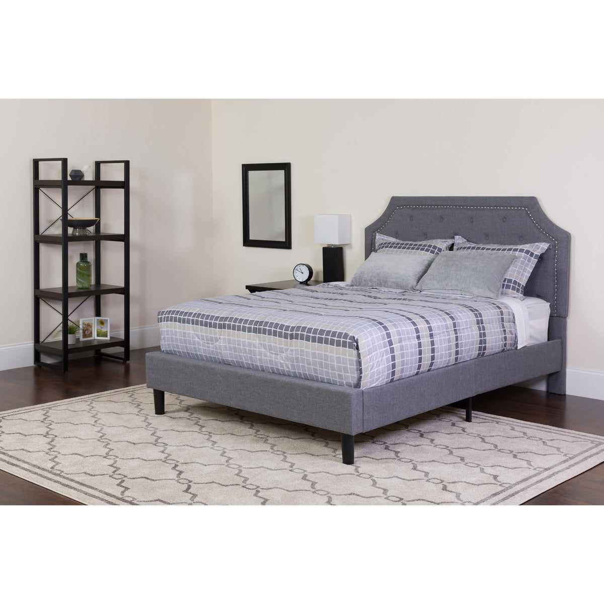 Light Gray,Full |#| Full Size Arched Tufted Lt Gray Fabric Platform Bed with Memory Foam Mattress