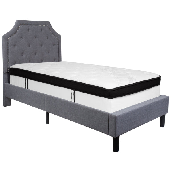 Light Gray,Twin |#| Twin Size Arched Tufted Light Gray Fabric Platform Bed with Memory Foam Mattress